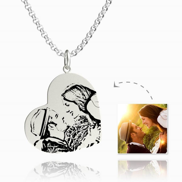 Picture of Personalized Women's Vertical Heart Photo Engraved Tag Necklace Silver - Customize With Any Photo | Custom Photo Necklace in 925 Sterling Silver Love Gifts