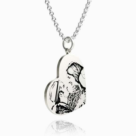 Picture of Personalized Women's Vertical Heart Photo Engraved Tag Necklace Silver - Customize With Any Photo | Custom Photo Necklace in 925 Sterling Silver Love Gifts