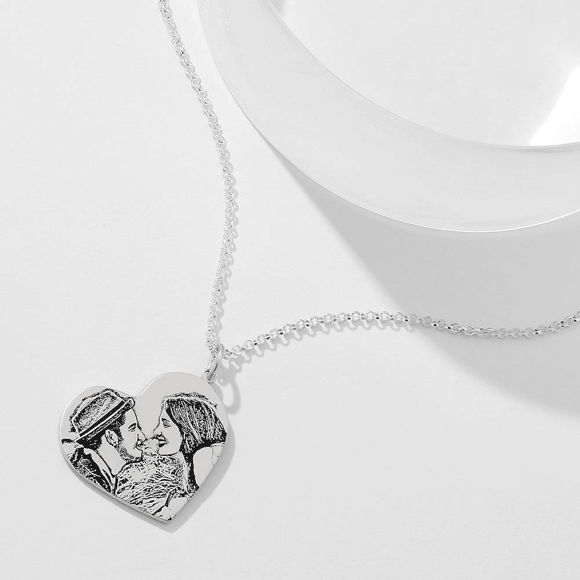 Picture of Personalized Women's Vertical Heart Photo Engraved Tag Necklace Silver - Customize With Any Photo | Custom Photo Necklace in 925 Sterling Silver Love Gifts