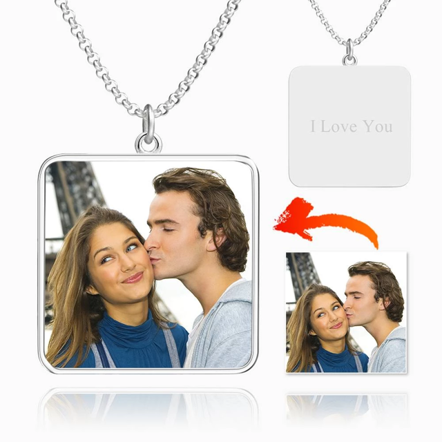 Picture of Personalized Engraved Square Tag Photo Necklace Silver - Engraved Photo Necklace  - Customize With Any Photo | Custom Photo Necklace in 925 Sterling Silver