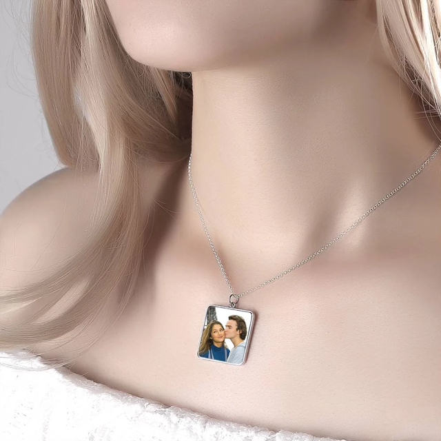 Picture of Personalized Engraved Square Tag Photo Necklace Silver - Engraved Photo Necklace  - Customize With Any Photo | Custom Photo Necklace in 925 Sterling Silver