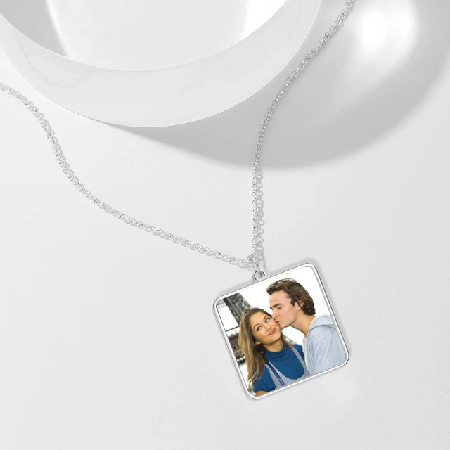 Picture of Personalized Engraved Square Tag Photo Necklace Silver - Engraved Photo Necklace  - Customize With Any Photo | Custom Photo Necklace in 925 Sterling Silver