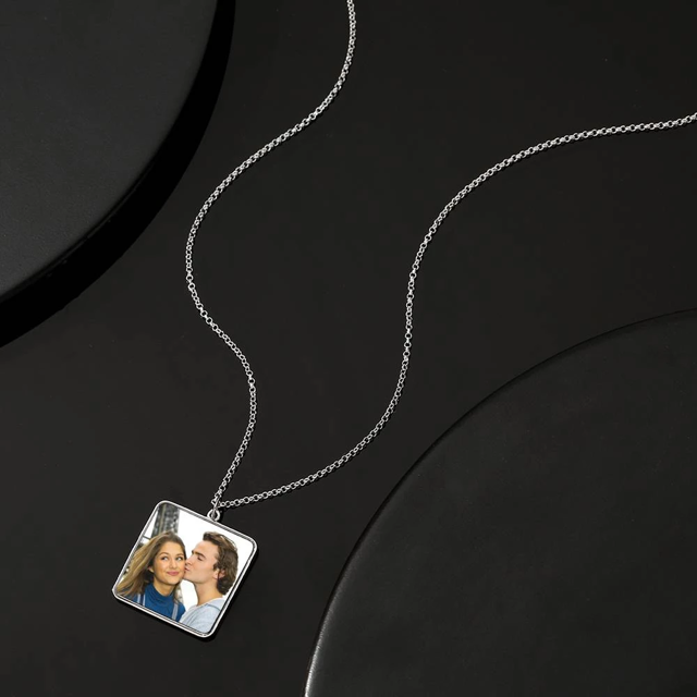 Picture of Personalized Engraved Square Tag Photo Necklace Silver - Engraved Photo Necklace  - Customize With Any Photo | Custom Photo Necklace in 925 Sterling Silver