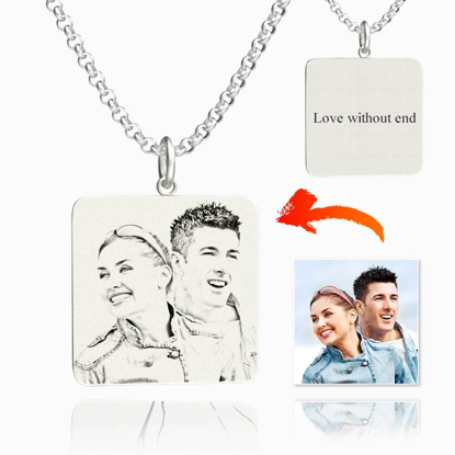 Picture of Personalized Square Photo Engraved Tag Necklace With Engraving Silver - Customize With Any Photo | Custom Photo Necklace in 925 Sterling Silver Love Gifts