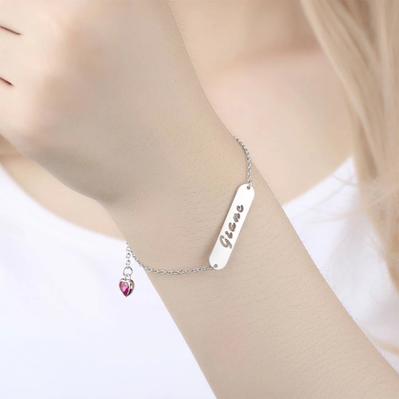 Picture of 925 Sterling Silver Hollow Carved Bar Name Bracelet with Heart-shaped Birthstone - Customize With Any Name And Birthstone | Custom Name Bracelet 925 Sterling Silver
