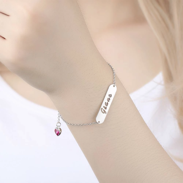 Picture of 925 Sterling Silver Hollow Carved Bar Name Bracelet with Heart-shaped Birthstone - Customize With Any Name And Birthstone | Custom Name Bracelet 925 Sterling Silver