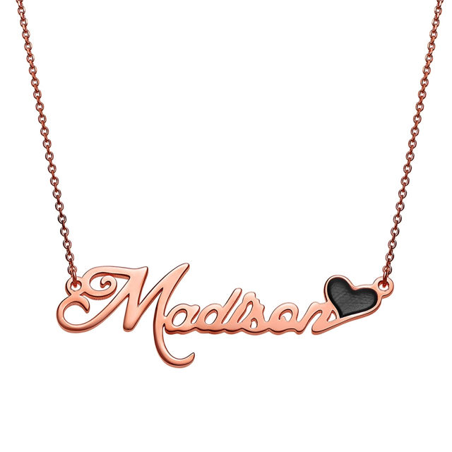 Picture of Personalized Engraved Necklace in 925 Sterling Silver With Black Enamel Heart - Customize With Any Name or Birthstone | Custom Name Necklace 925 Sterling Silver