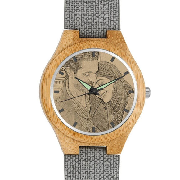 Picture of Women's Engraved Bamboo Photo Watch Grey Leather Strap - Customize With Any Photo