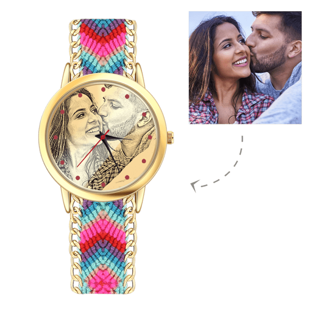 Picture of Custom Women's Gold Photo Engraved Watch Braided Color Rope Strap - Customize With Any Photo