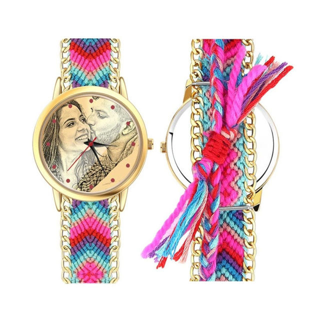 Picture of Custom Women's Gold Photo Engraved Watch Braided Color Rope Strap - Customize With Any Photo