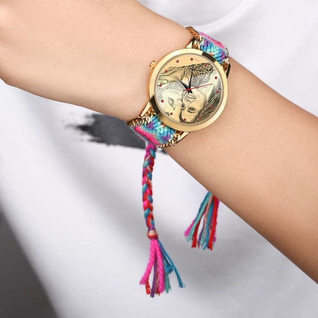 Picture of Custom Women's Gold Photo Engraved Watch Braided Color Rope Strap - Customize With Any Photo