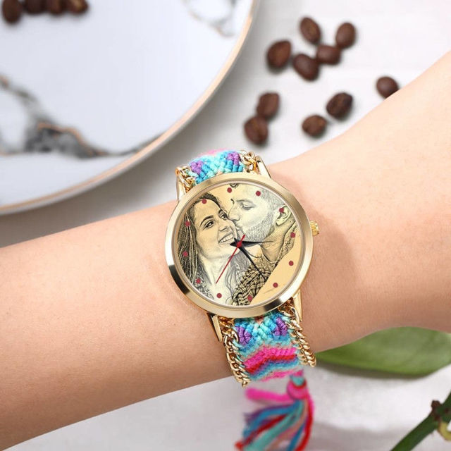 Picture of Custom Women's Gold Photo Engraved Watch Braided Color Rope Strap - Customize With Any Photo