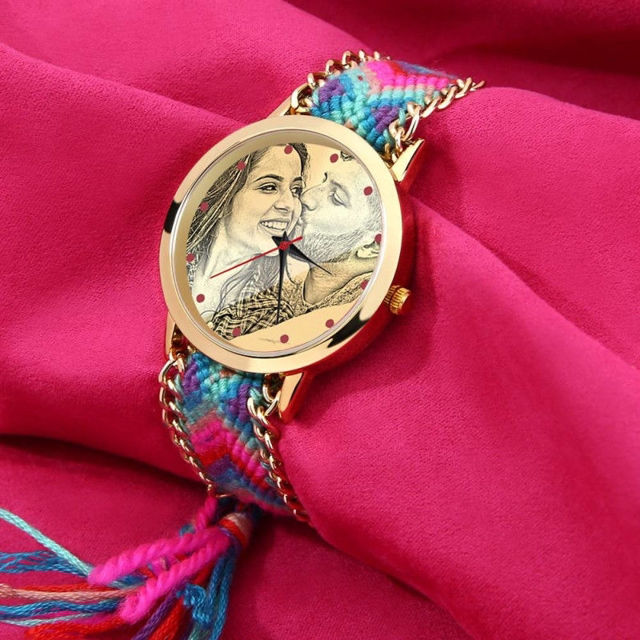 Picture of Custom Women's Gold Photo Engraved Watch Braided Color Rope Strap - Customize With Any Photo