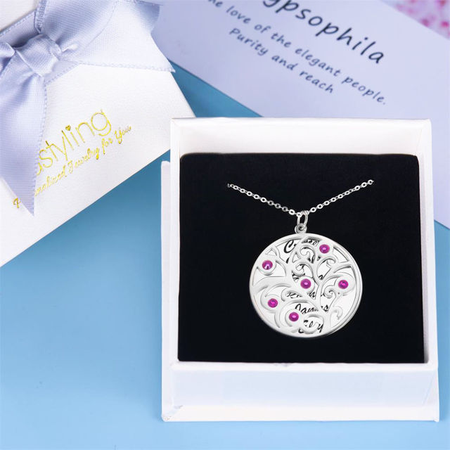 Picture of Personalized Family Tree Birthstone Necklace in 925 Sterling Silver - Customize With Any Name or Birthstone | Custom Family Members Necklace 925 Sterling Silver