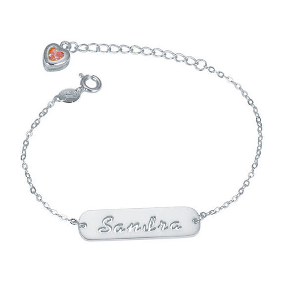Picture of 925 Sterling Silver Hollow Carved Bar Name Bracelet with Heart-shaped Birthstone - Customize With Any Name And Birthstone | Custom Name Bracelet 925 Sterling Silver
