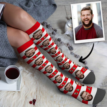 Picture of Personalized Knee High Printed Socks with Stripe Christmas - Personalized Funny Photo Face Socks for Women - Best Gift for Her