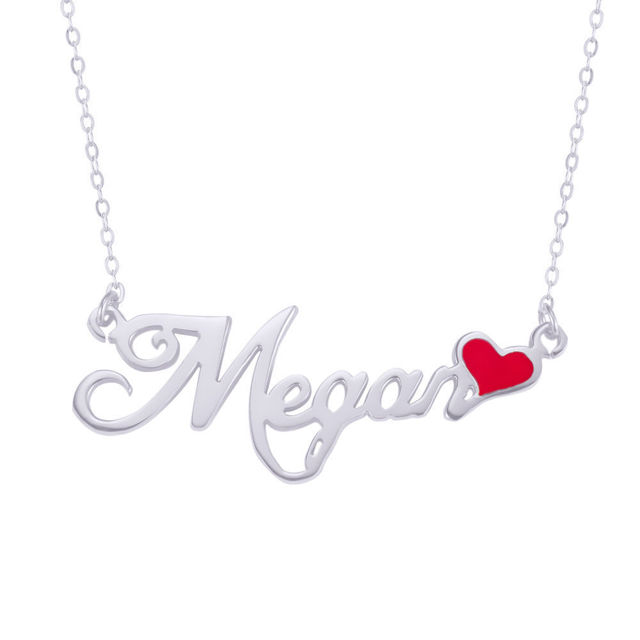 Picture of Personalized Name Necklace in 925 Sterling Silver With Red Enamel Heart - Customize With Any Name or Birthstone | Custom Name Necklace 925 Sterling Silver