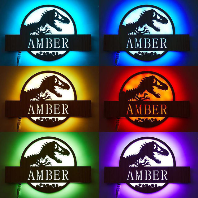 Picture of Personalized Night Light for Wall Decor | Custom Wooden Engraved Name Night Light | Jurassic Park | Best Gifts Idea for Birthday, Thanksgiving, Christmas etc.