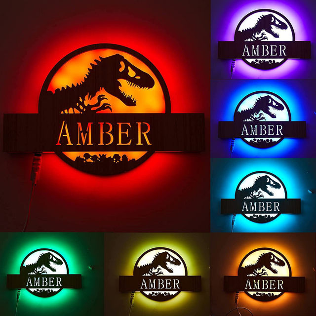 Picture of Personalized Night Light for Wall Decor | Custom Wooden Engraved Name Night Light | Jurassic Park | Best Gifts Idea for Birthday, Thanksgiving, Christmas etc.