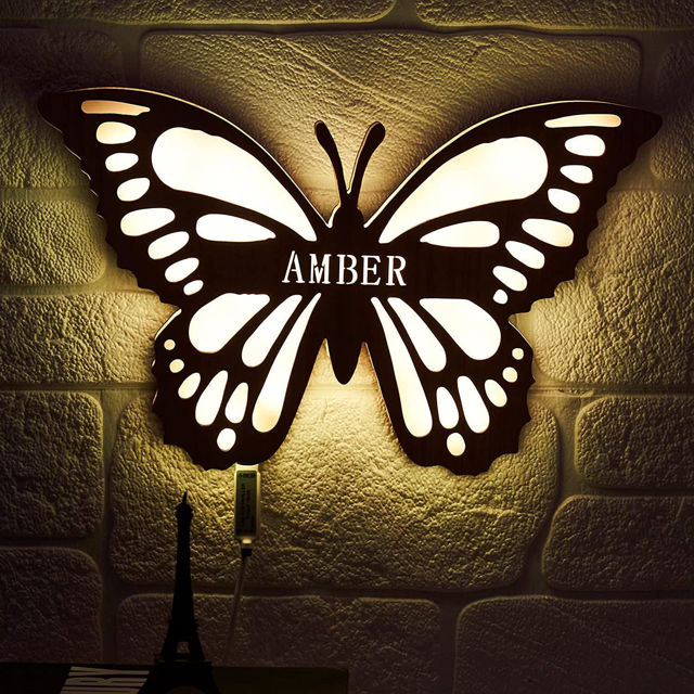 Picture of Personalized Night Light for Wall Decor | Custom Wooden Engraved Name Night Light | Butterfly | Best Gifts Idea for Birthday, Thanksgiving, Christmas etc.