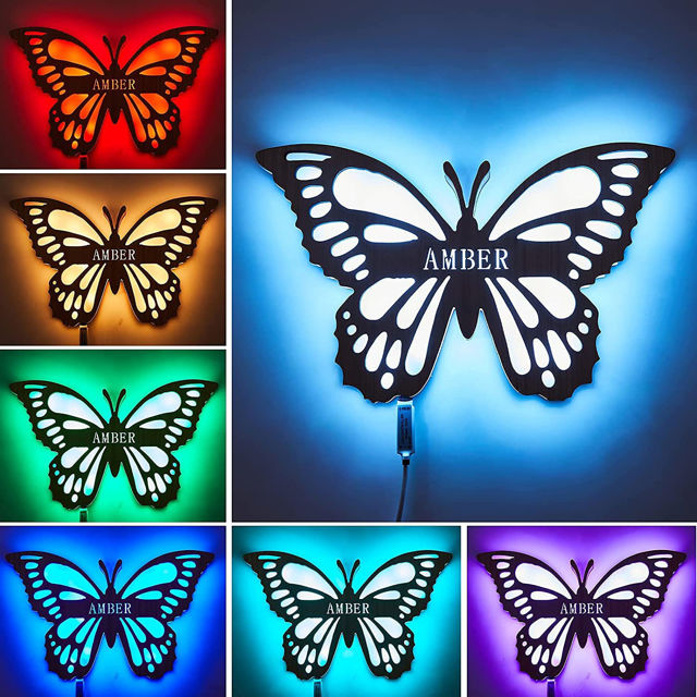 Picture of Personalized Night Light for Wall Decor | Custom Wooden Engraved Name Night Light | Butterfly | Best Gifts Idea for Birthday, Thanksgiving, Christmas etc.