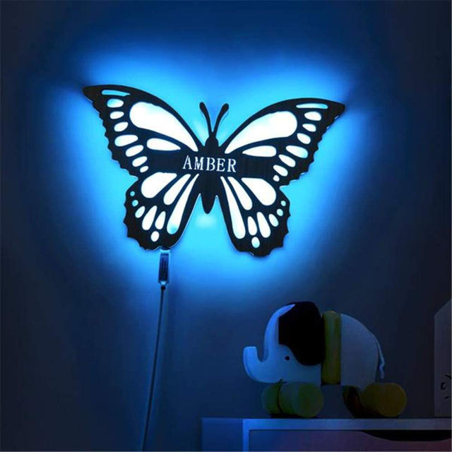 Picture of Personalized Night Light for Wall Decor | Custom Wooden Engraved Name Night Light | Butterfly | Best Gifts Idea for Birthday, Thanksgiving, Christmas etc.