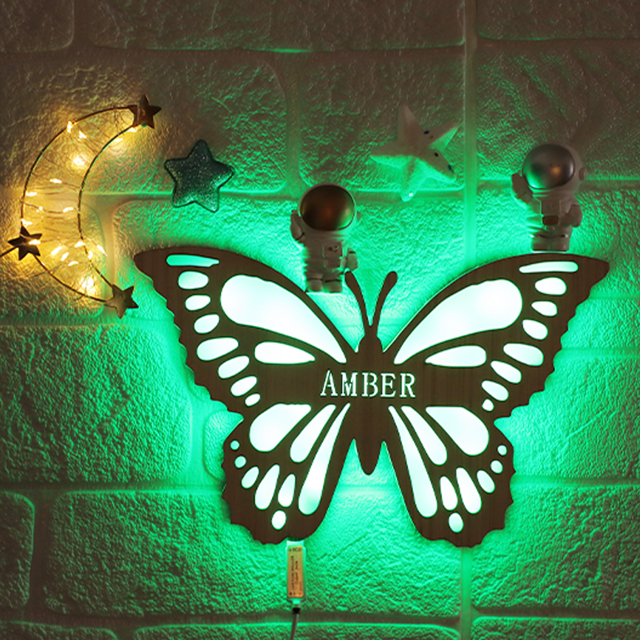 Picture of Personalized Night Light for Wall Decor | Custom Wooden Engraved Name Night Light | Butterfly | Best Gifts Idea for Birthday, Thanksgiving, Christmas etc.