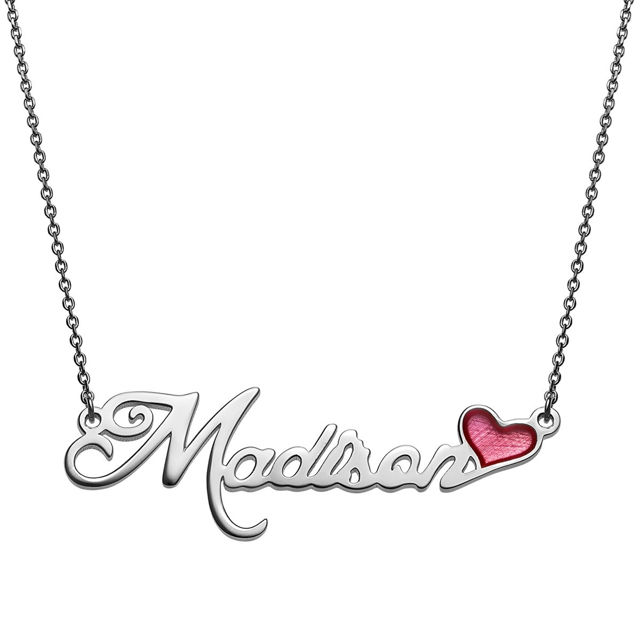 Picture of Personalized Engraved Necklace in 925 Sterling Silver With Pink Enamel Heart  - Customize With Any Name or Birthstone | Custom Name Necklace 925 Sterling Silver