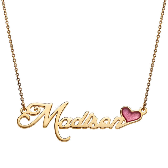 Picture of Personalized Engraved Necklace in 925 Sterling Silver With Pink Enamel Heart  - Customize With Any Name or Birthstone | Custom Name Necklace 925 Sterling Silver