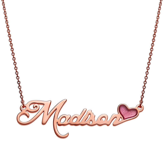 Picture of Personalized Engraved Necklace in 925 Sterling Silver With Pink Enamel Heart  - Customize With Any Name or Birthstone | Custom Name Necklace 925 Sterling Silver