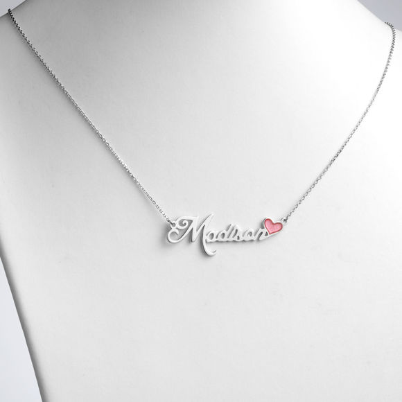 Picture of Personalized Engraved Necklace in 925 Sterling Silver With Pink Enamel Heart  - Customize With Any Name or Birthstone | Custom Name Necklace 925 Sterling Silver