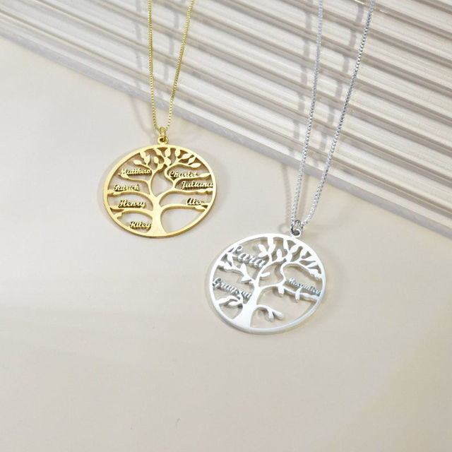 Picture of Personalized Family Tree Of Life Necklace in 925 Sterling Silver - Customize With Family Name  | Custom Family Necklace in 925 Sterling Silver