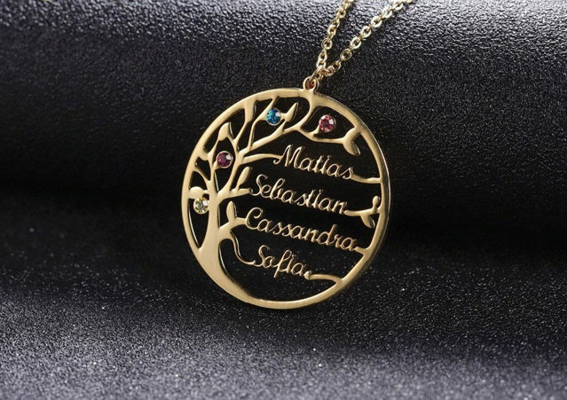 Picture of Personalized Family Tree Of Life Birthstone Name Necklace in 925 Sterling Silver - Customize With Family Name  | Custom Family Necklace in 925 Sterling Silver