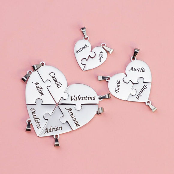 Picture of Personalized Name Polished Heart Shape Splicing Pendant Puzzle Necklace in 925 Sterling Silver - Customize With Family Name  | Custom Family Necklace in 925 Sterling Silver