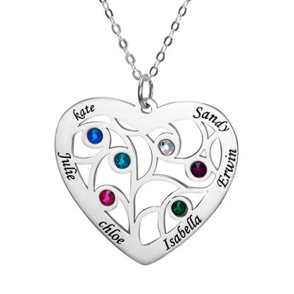 Picture of Personalized Heart Family Member With Birthstones Necklace in 925 Sterling Silver - Customize With Family Name | Custom Family Necklace in 925 Sterling Silver