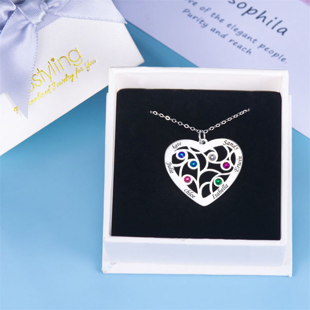 Picture of Personalized Heart Family Member With Birthstones Necklace in 925 Sterling Silver - Customize With Family Name | Custom Family Necklace in 925 Sterling Silver