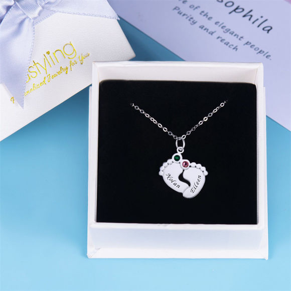 Picture of Personalized Baby Feet Family Member With Birthstones Necklace in 925 Sterling Silver - Customize With Family Name | Custom Family Necklace in 925 Sterling Silver