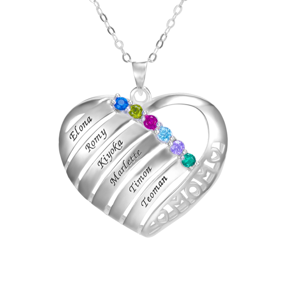 Picture of Personalized Engraved Heart Family Member With Birthstones Necklace  for Mom in 925 Sterling Silver - Customize With Family Name | Custom Family Necklace in 925 Sterling Silver