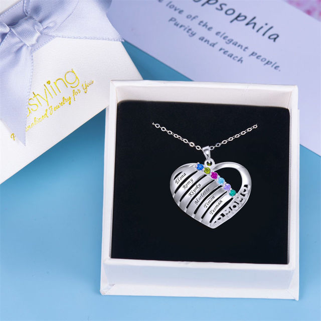 Picture of Personalized Engraved Heart Family Member With Birthstones Necklace  for Mom in 925 Sterling Silver - Customize With Family Name | Custom Family Necklace in 925 Sterling Silver