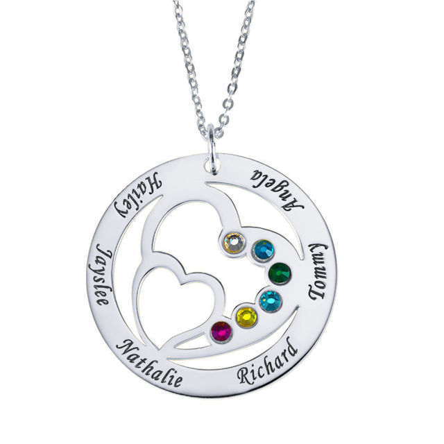 Picture of Personalized Heart in Heart Family Member With Birthstones Necklace  for Mom in 925 Sterling Silver - Customize With Family Name | Custom Family Necklace in 925 Sterling Silver