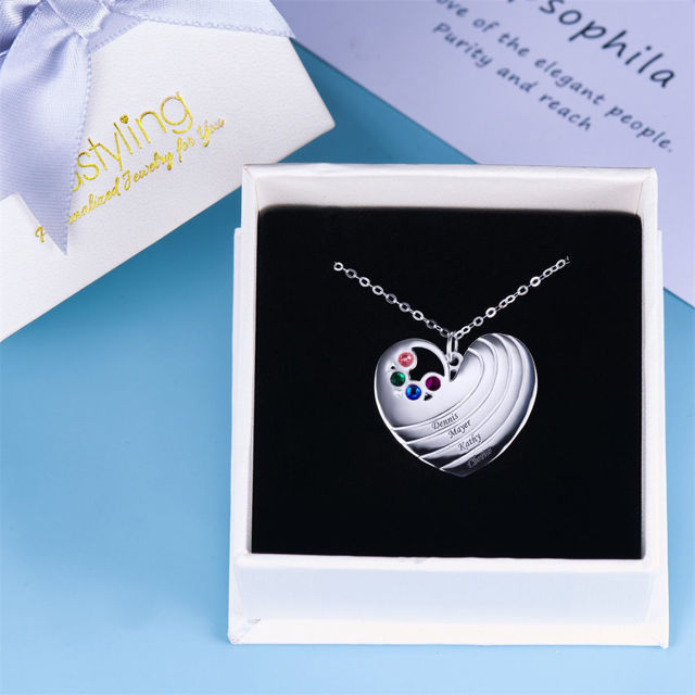 Picture of Personalized Heart Pendant Family Member With Birthstones Necklace  for Mom in 925 Sterling Silver - Customize With Family Name | Custom Family Necklace in 925 Sterling Silver