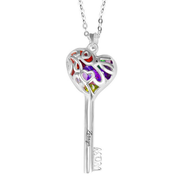 Picture of Personalized Moms Heart Cage Key Necklace in 925 Sterling Silver - Customize With Family Name | Custom Family Necklace in 925 Sterling Silver