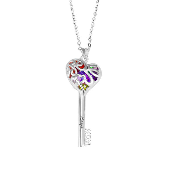 Picture of Personalized Moms Heart Cage Key Necklace in 925 Sterling Silver - Customize With Family Name | Custom Family Necklace in 925 Sterling Silver
