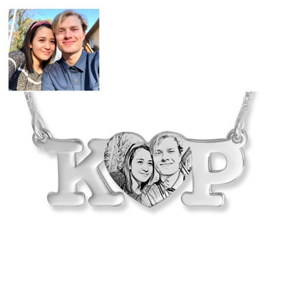 Picture of Personalized Heart Pendant Photo Necklace With Two Initials in 925 Sterling Silver - Customize With Any Photo | Custom Photo Necklace in 925 Sterling Silver