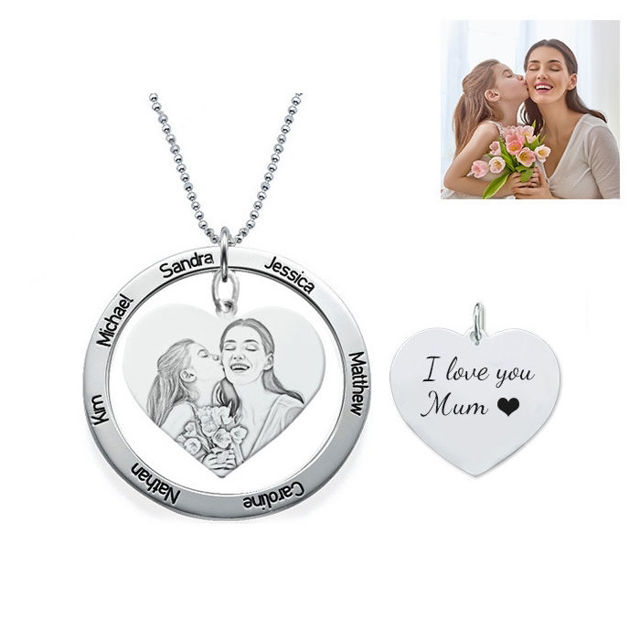 Picture of Personalized Engraved Heart Pendant Photo Necklace With Round Name Disc In 925 Sterling Silver - Engraved Photo Necklace  - Customize With Any Photo | Custom Photo Necklace in 925 Sterling Silver