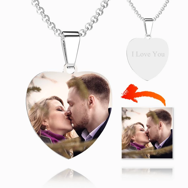 Picture of Personalized 925 Sterling Silver Photo Heart Tag Necklace Engraved Pendant - Engraved Photo Necklace - Customize With Any Photo | Custom Photo Necklace in 925 Sterling Silver