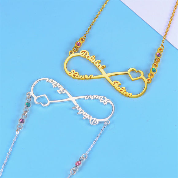 Picture of Custom 3 Names Infinity Necklace with Birthstones  - Customize With Any Name or Birthstone | Custom Name Necklace 925 Sterling Silver