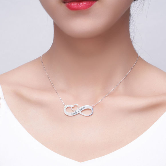 Picture of Engraved Infinity Necklace with Cut Out Heart in 925 Sterling Silver   - Customize With Any Name or Birthstone | Custom Name Necklace 925 Sterling Silver