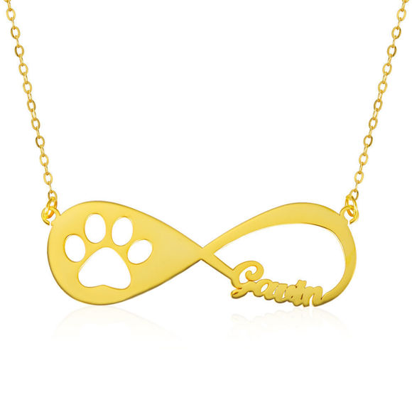 Picture of Pet Paw Print Infinity Name Necklace 14K Gold Plated - Customize With Any Name or Birthstone | Custom Name Necklace 925 Sterling Silver