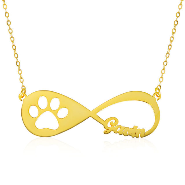 Picture of Pet Paw Print Infinity Name Necklace 14K Gold Plated - Customize With Any Name or Birthstone | Custom Name Necklace 925 Sterling Silver